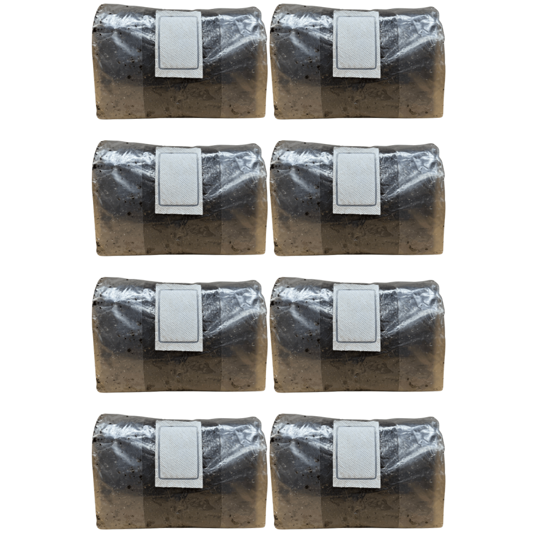 Six-pack of ten pound bags of pasteurized CVG substrate on a white background